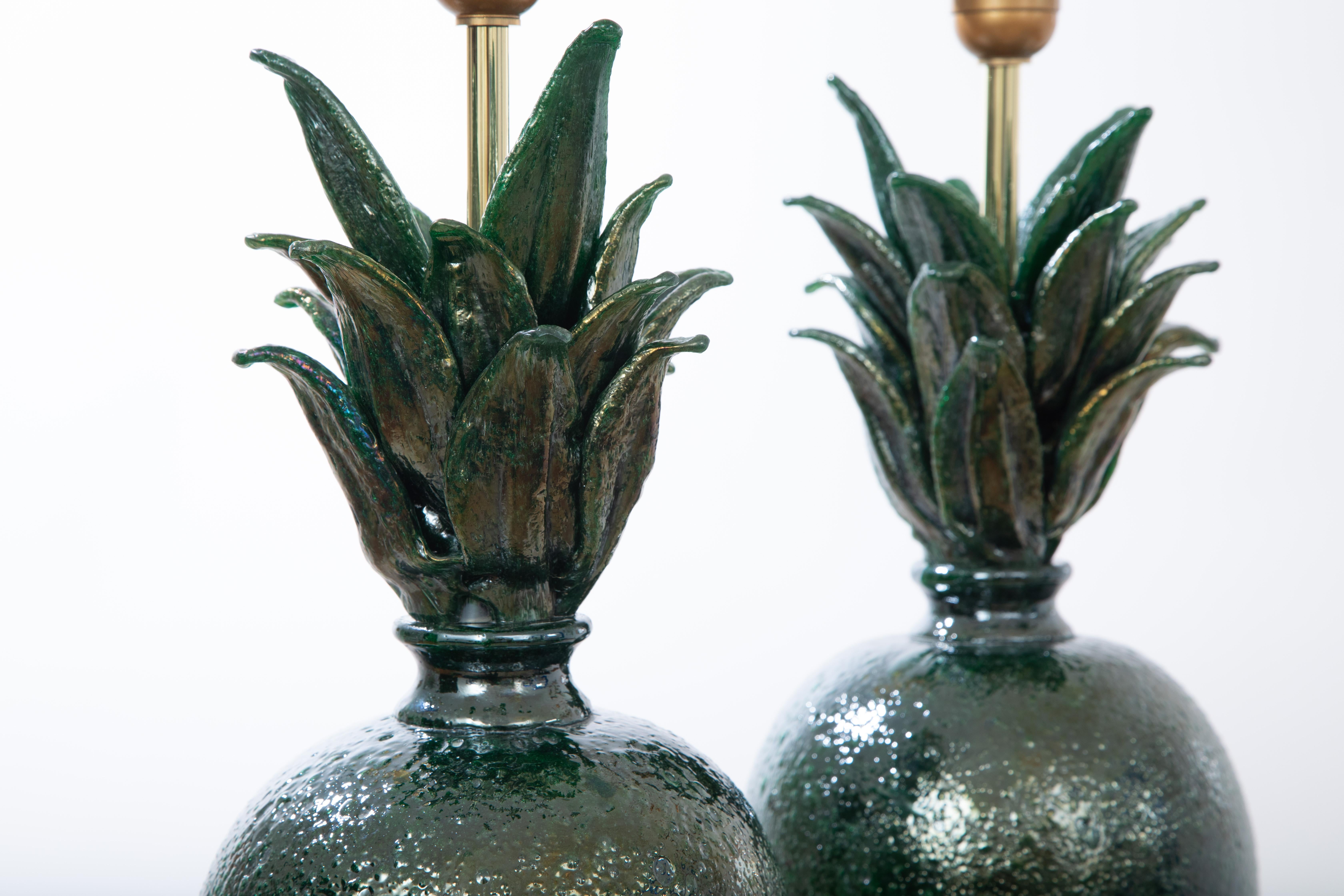 Italian Pair of Green Pulegoso Murano Table Lamps, in Stock