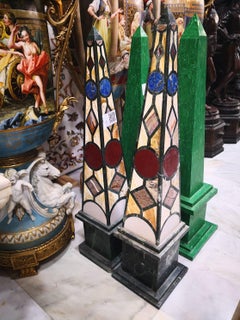 Pair of Green Serpentine Marble Obelisks with Lapis Lazuli Inlay Mosaic
