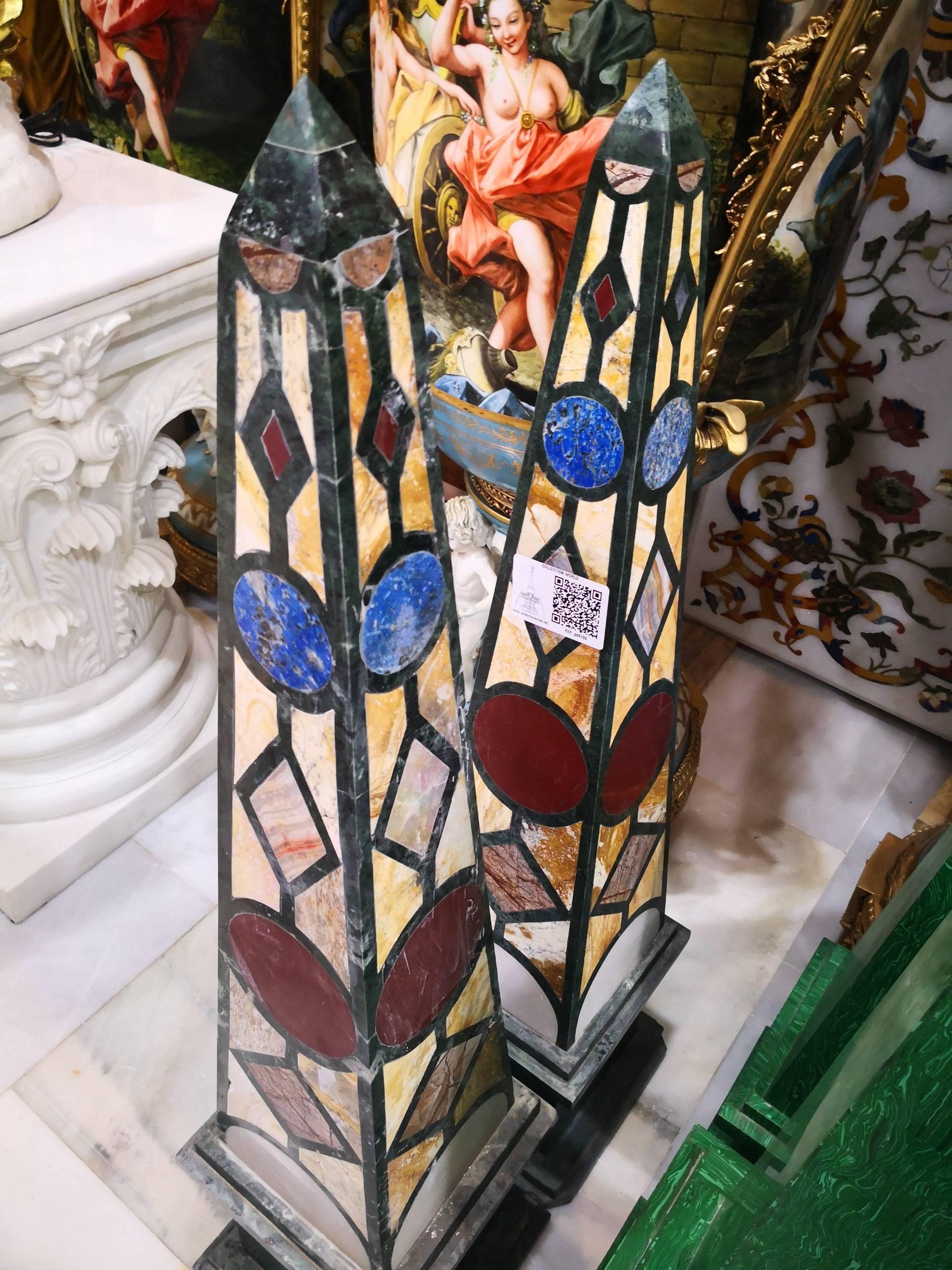 Pair of Green Serpentine Marble Obelisks with Lapis Lazuli Inlay Mosaic For Sale 1