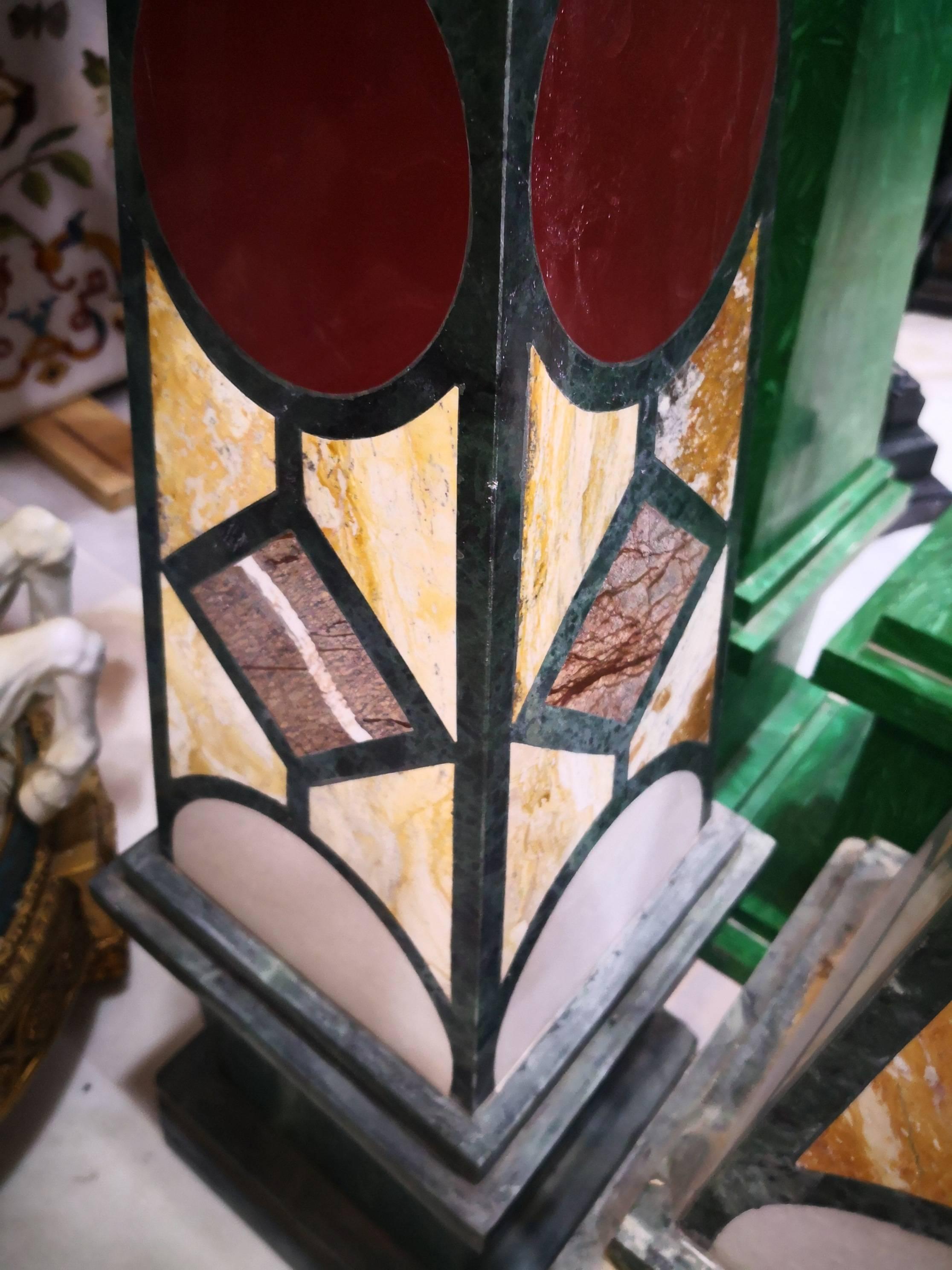 Pair of Green Serpentine Marble Obelisks with Lapis Lazuli Inlay Mosaic For Sale 3