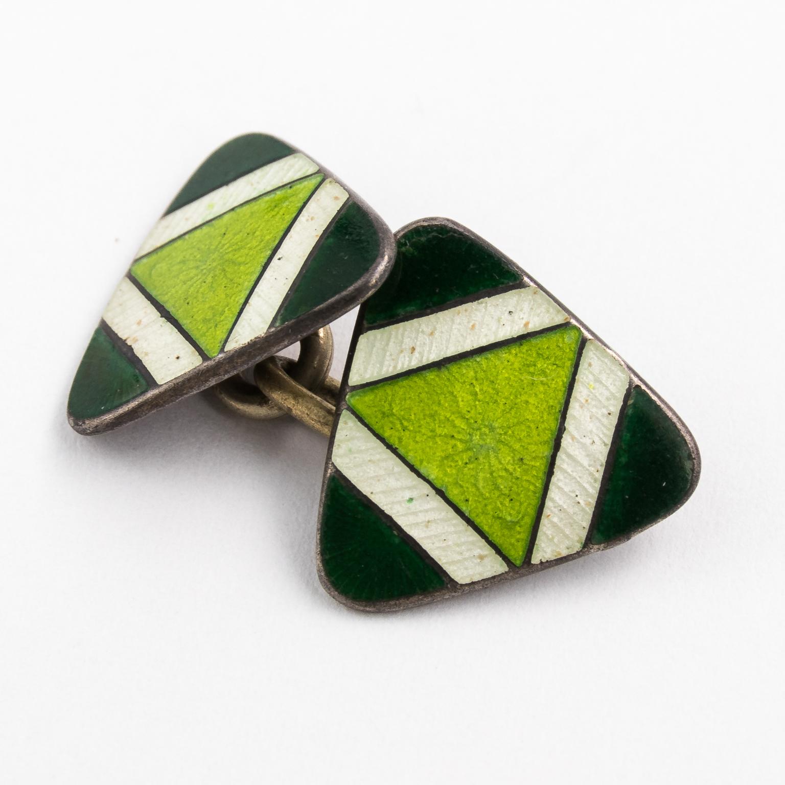 Art Deco Pair of Green Sterling Silver and Enamel Cufflinks