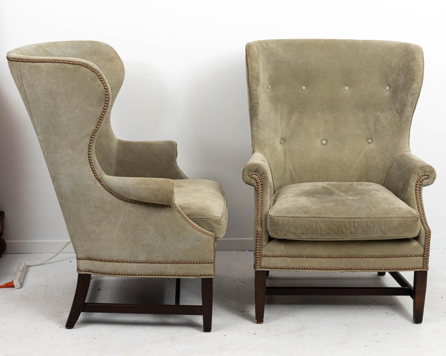 Pair of Green Suede Upholstered Wing Back Chairs 1