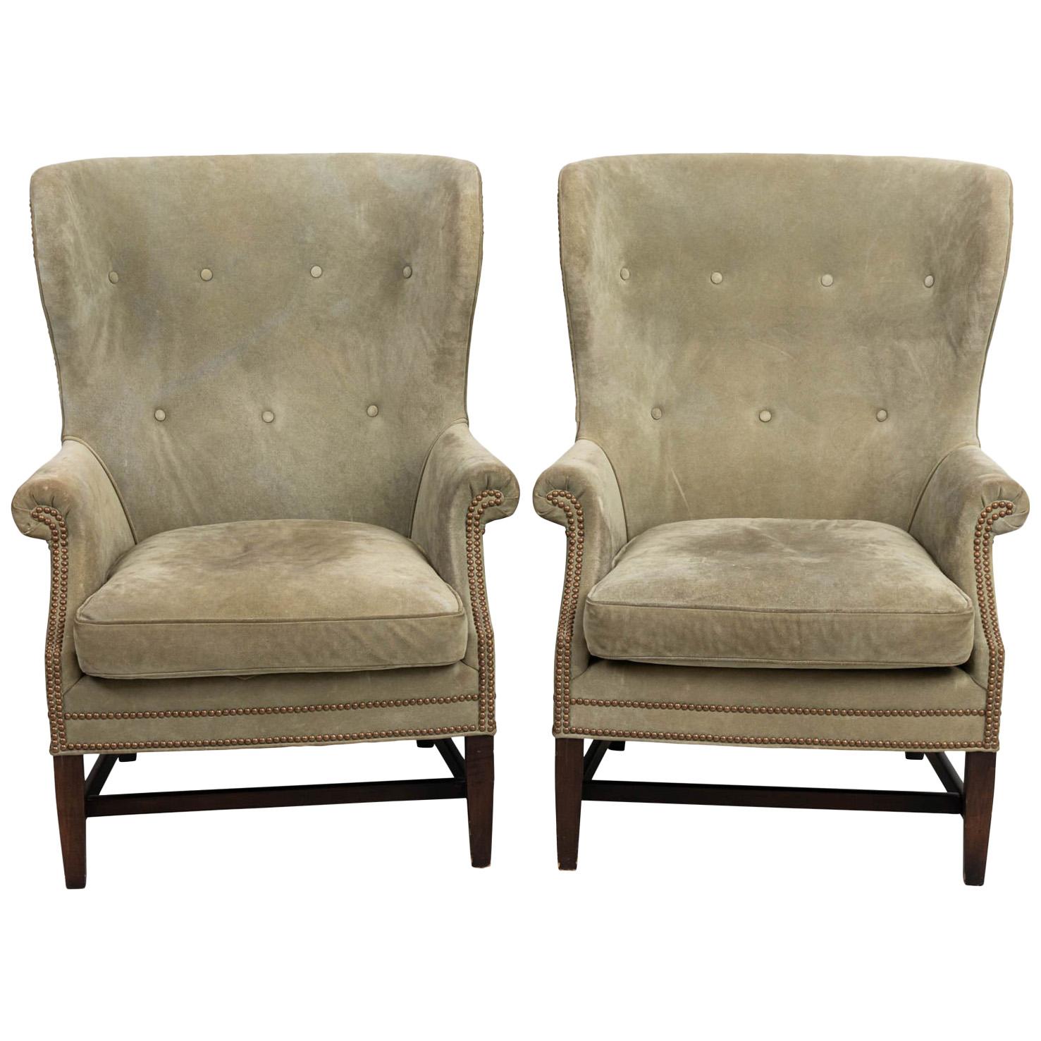 Pair of Green Suede Upholstered Wing Back Chairs