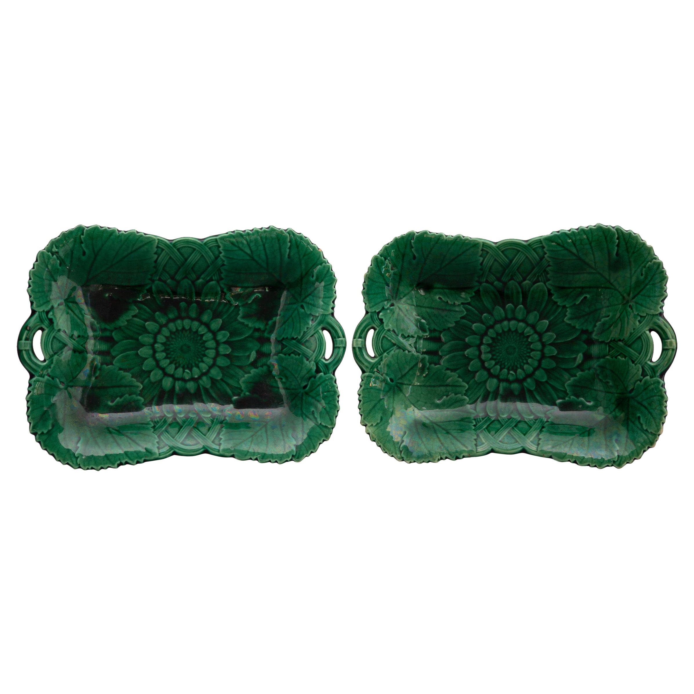 Pair of Green Sunflower Majolica Serving Dishes by Wedgwood