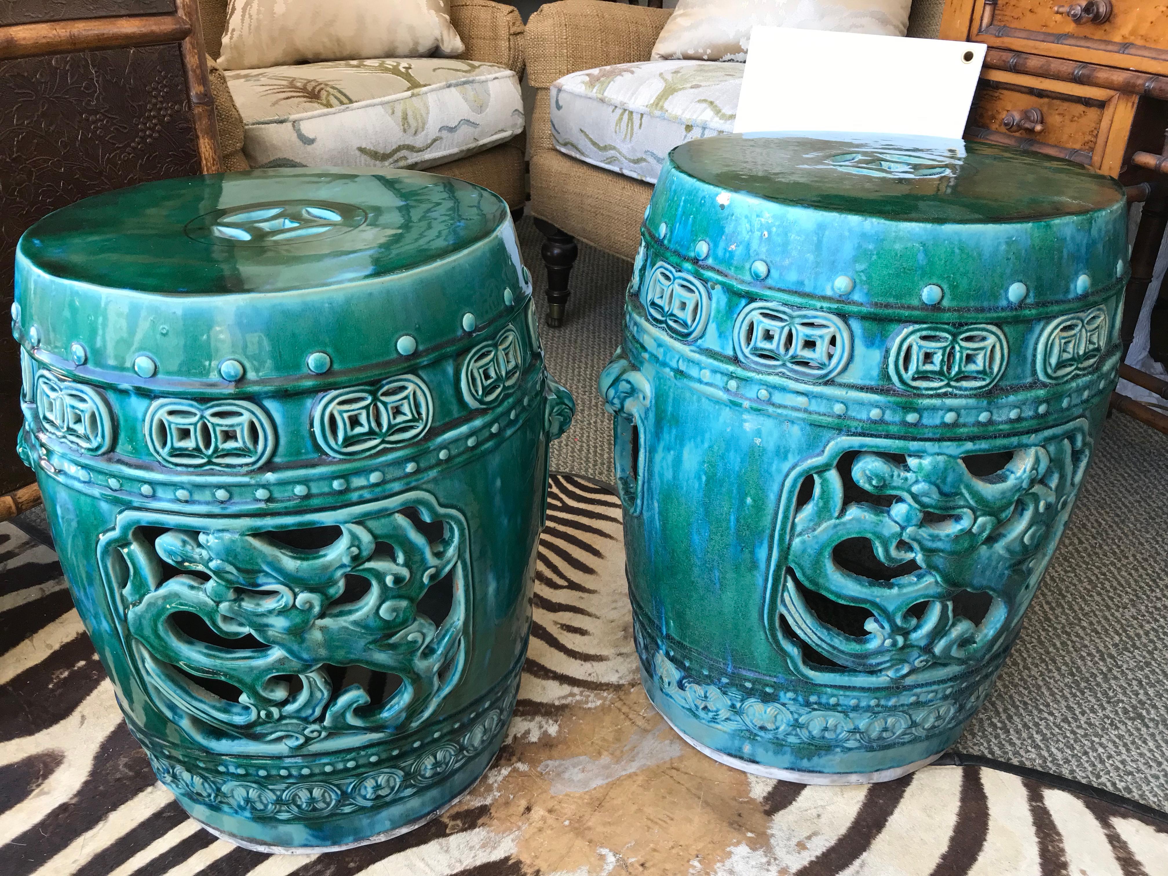 Stunning color and design. The garden seats are heavy glazed terra-cotta - generously scaled
and feature pierced open sides with dragons and foo dogs handles.