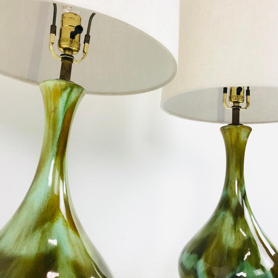 Mid-Century Modern Pair of Green Teardrop Porcelain Lamps
