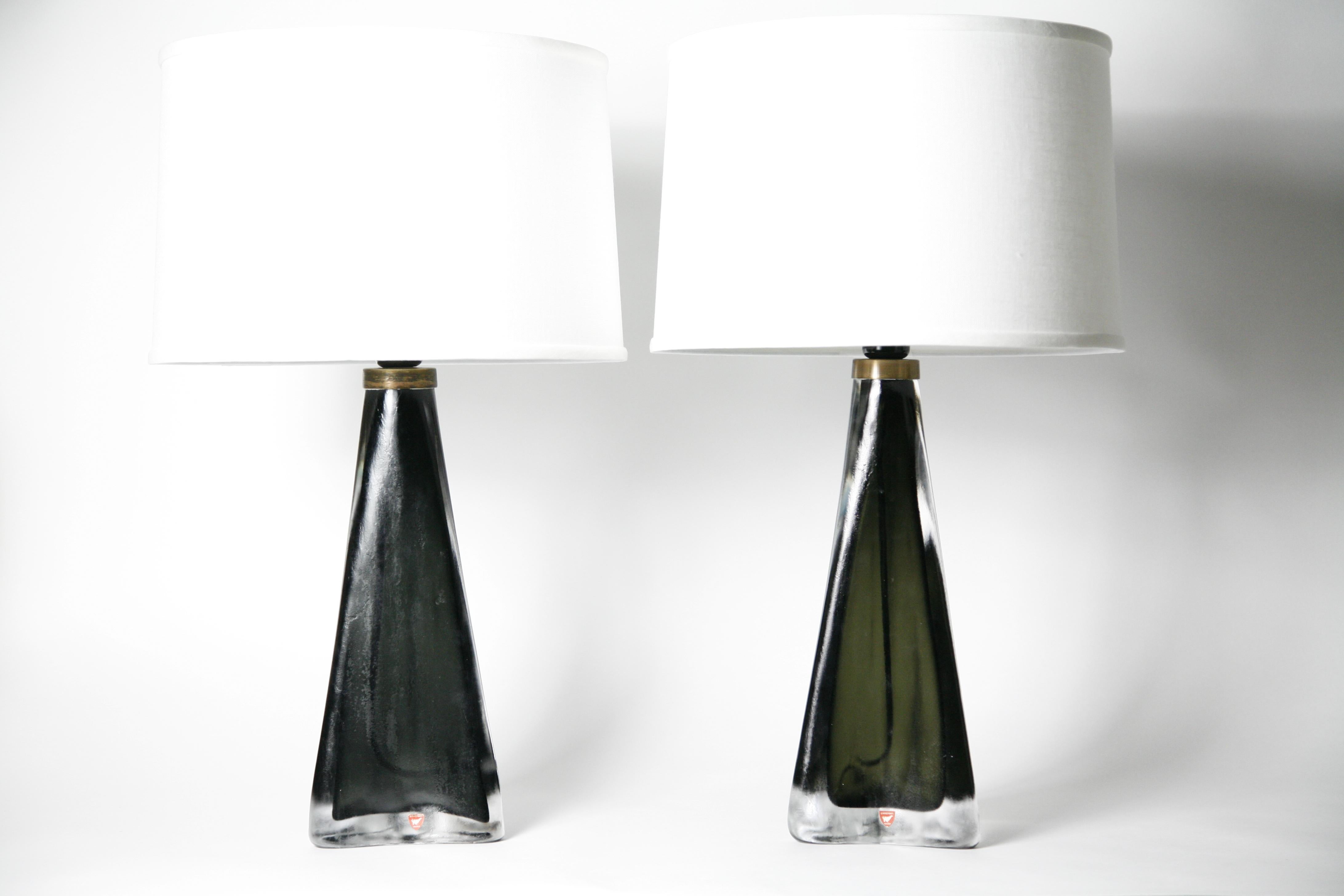 Crystal Pair of Green Triangular frosted Orrefors Lamp, Sweden, 1960