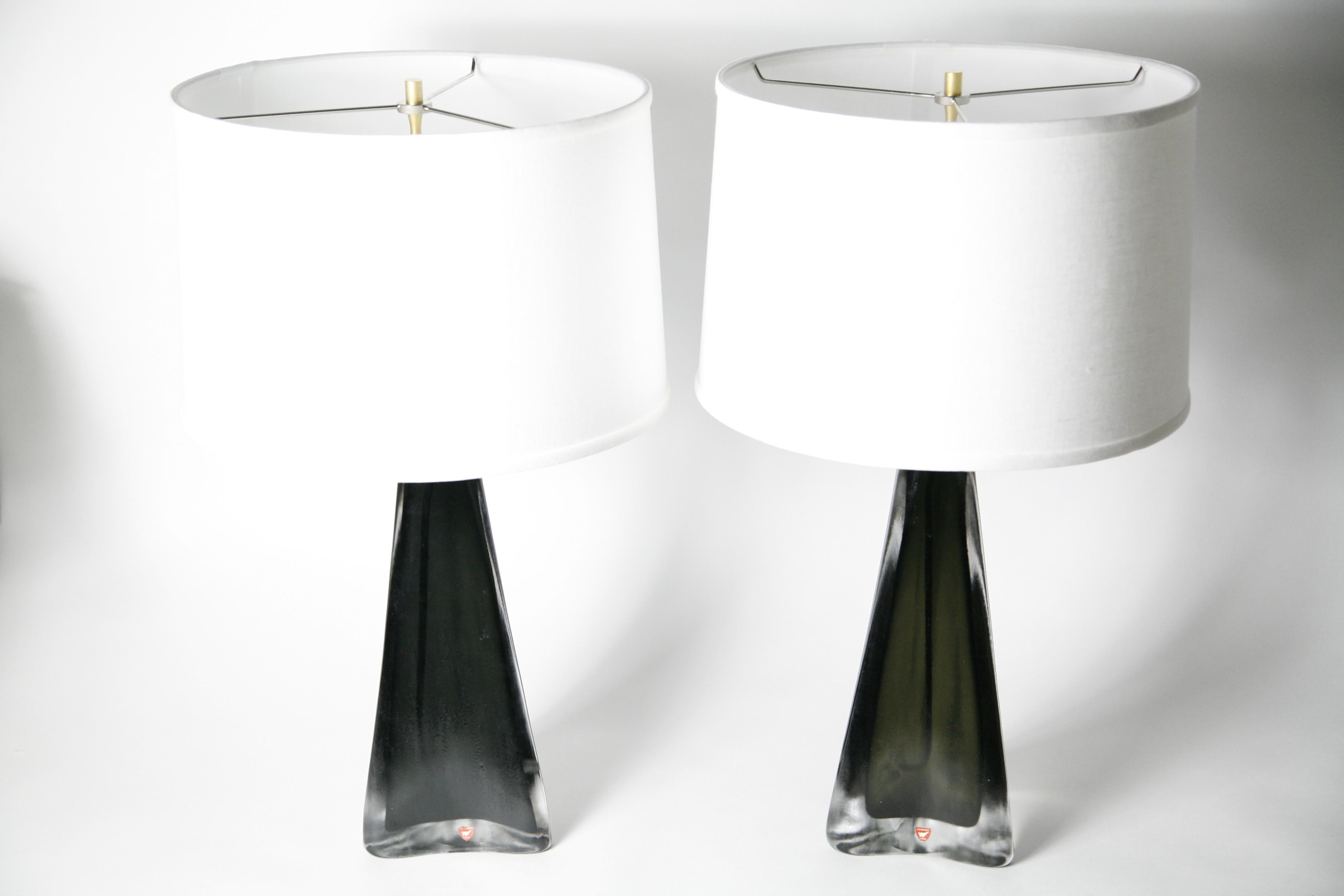 Pair of Green Triangular frosted Orrefors Lamp, Sweden, 1960 1