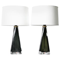Pair of Green Triangular frosted Orrefors Lamp, Sweden, 1960