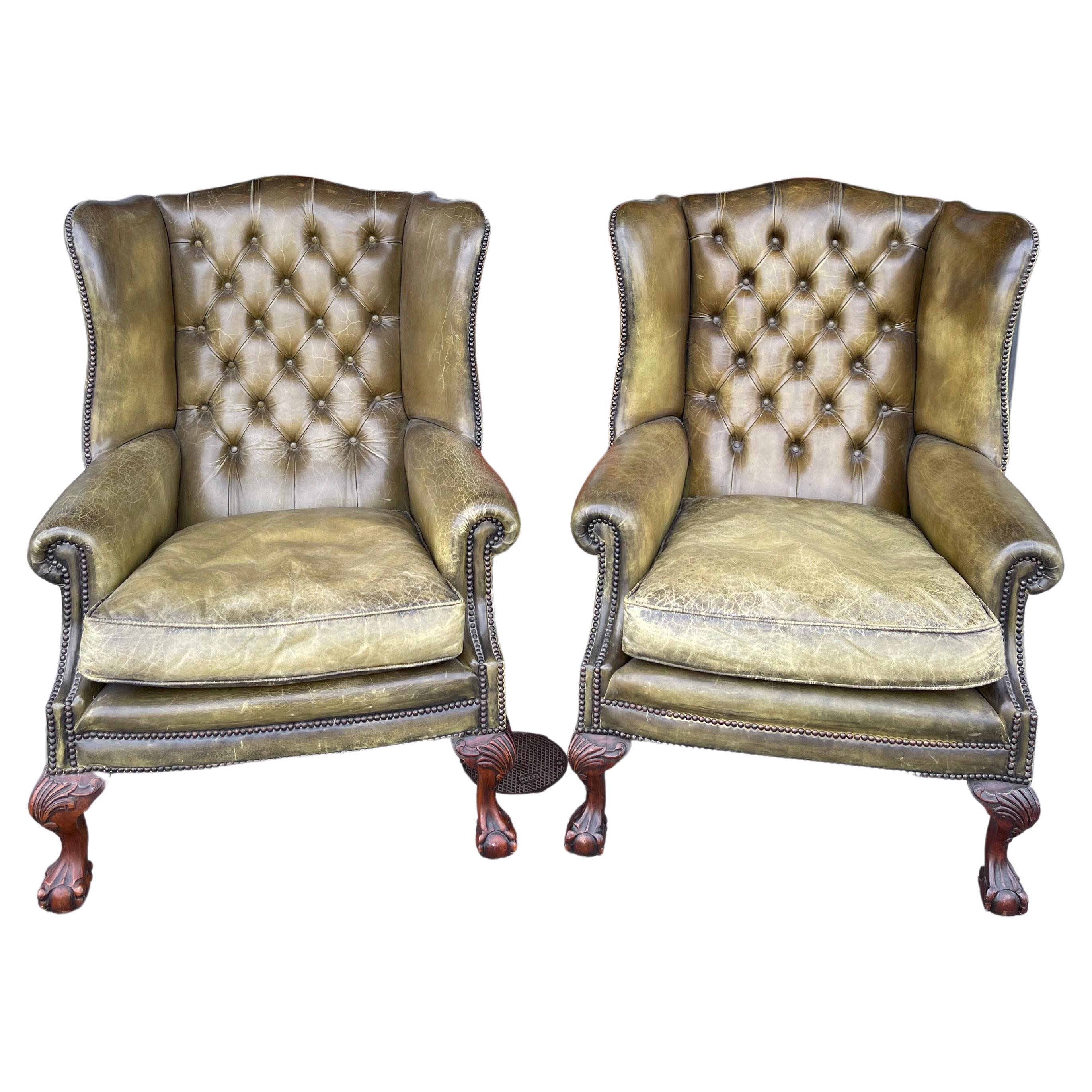 Pair of French Green Leather Wingback Chairs at 1stDibs