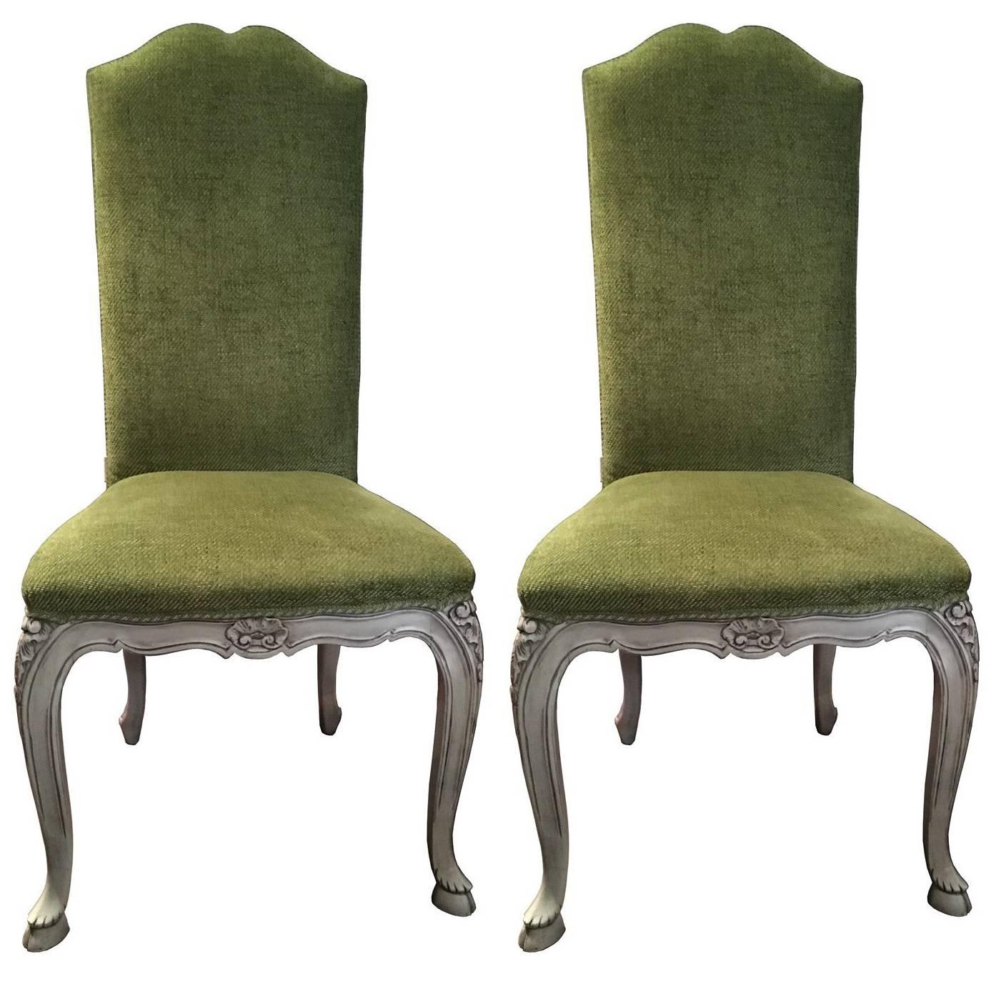 French Provincial Pair Green Fabric Upholstered Chairs