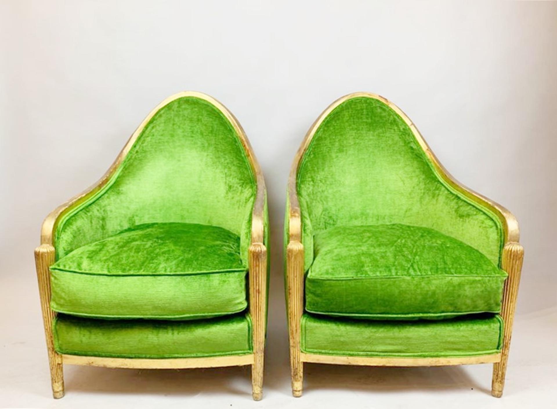 Mid-Century Modern Pair of Green Velvet Armchairs, Art Deco, France