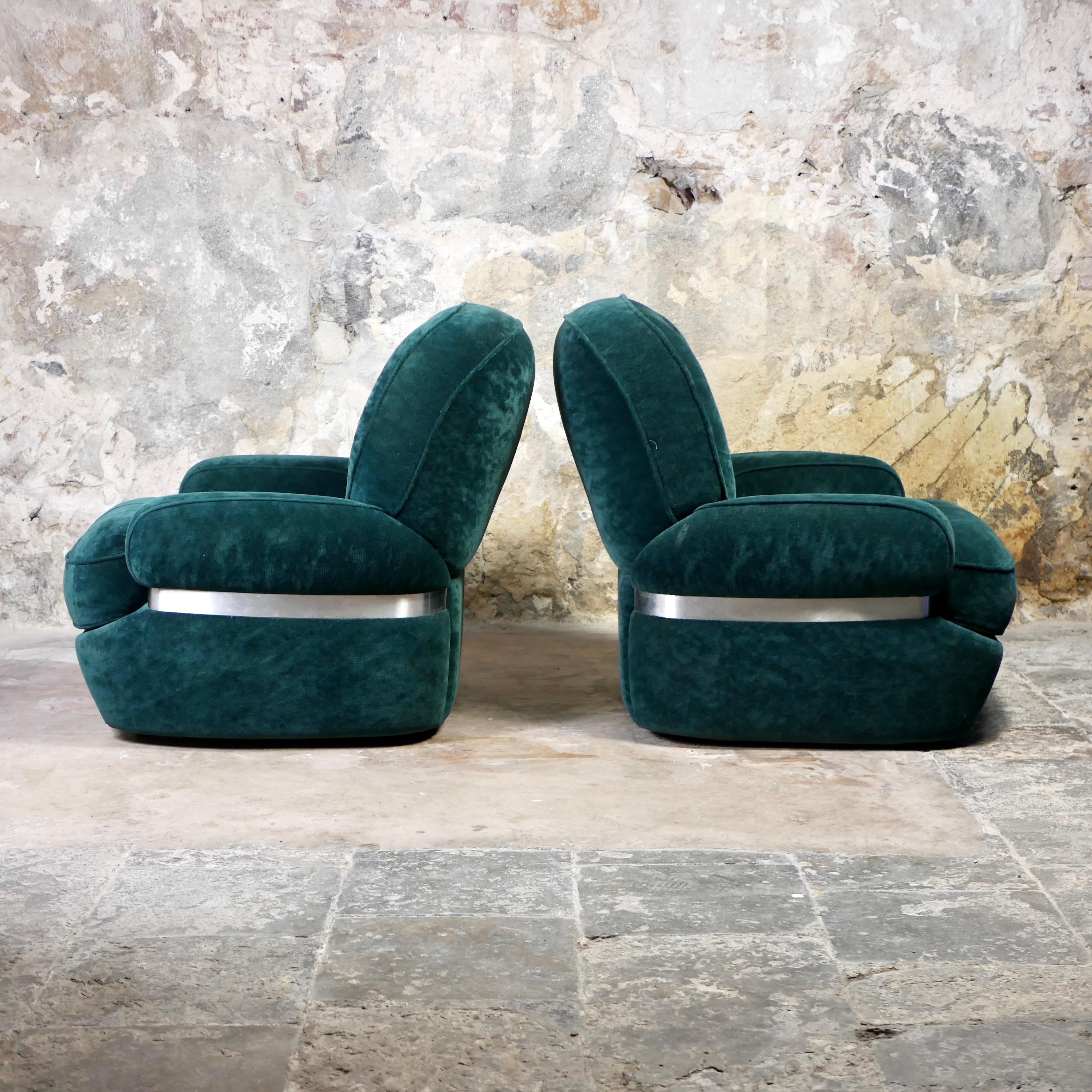 Ère spatiale Paire de fauteuils en velours vert de Beka, fabriqués en France, 1970