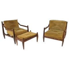 Pair of Green Velvet Armchairs with Ottoman by Jean Gillon for Wood Art, Brazil