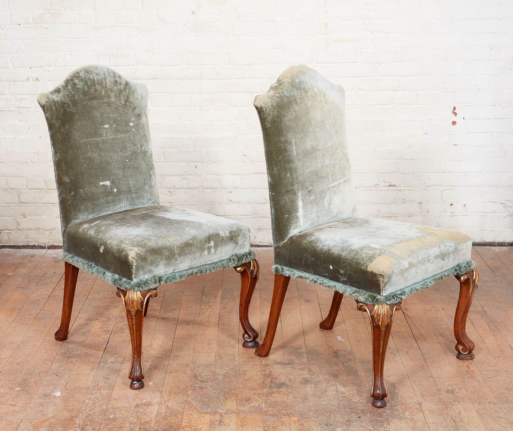 Carved Pair of Green Velvet Chairs For Sale