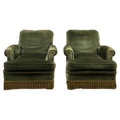 Antique Pair of Green Velvet Country House French Armchairs
