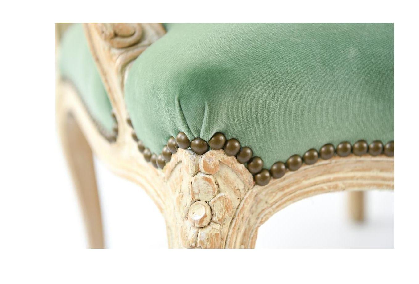 20th Century Pair of Green Velvet Louis XV Style Arm Chairs For Sale