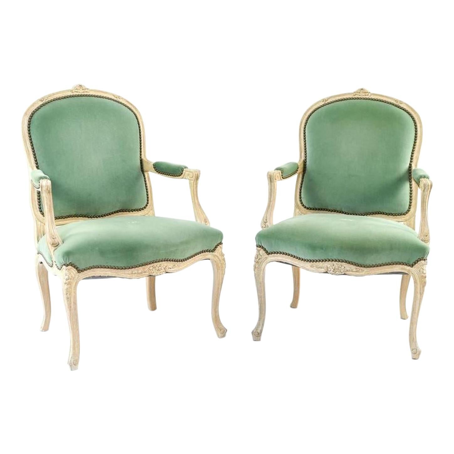 Pair of Green Velvet Louis XV Style Arm Chairs