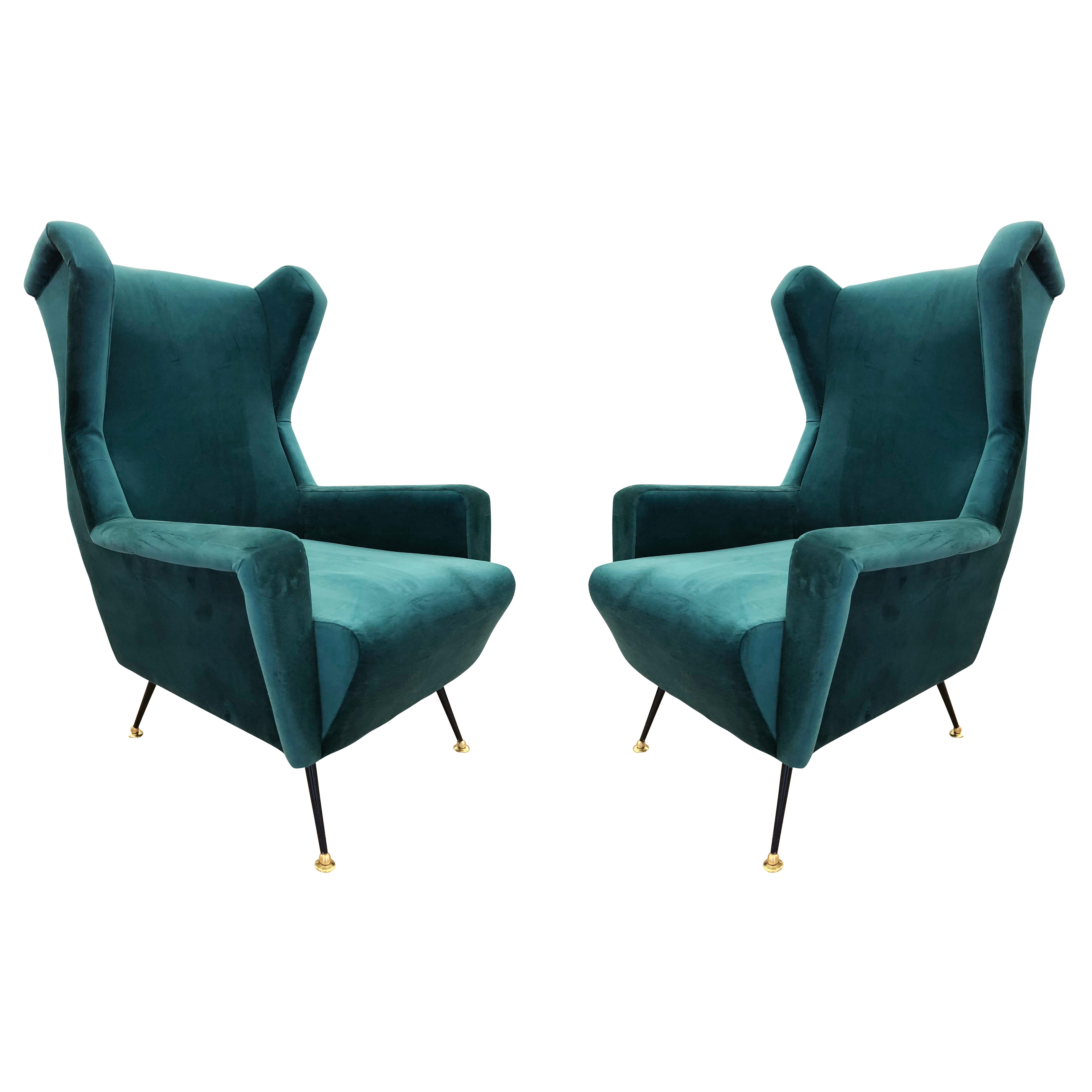 Pair of Green Velvet Midcentury Armchairs