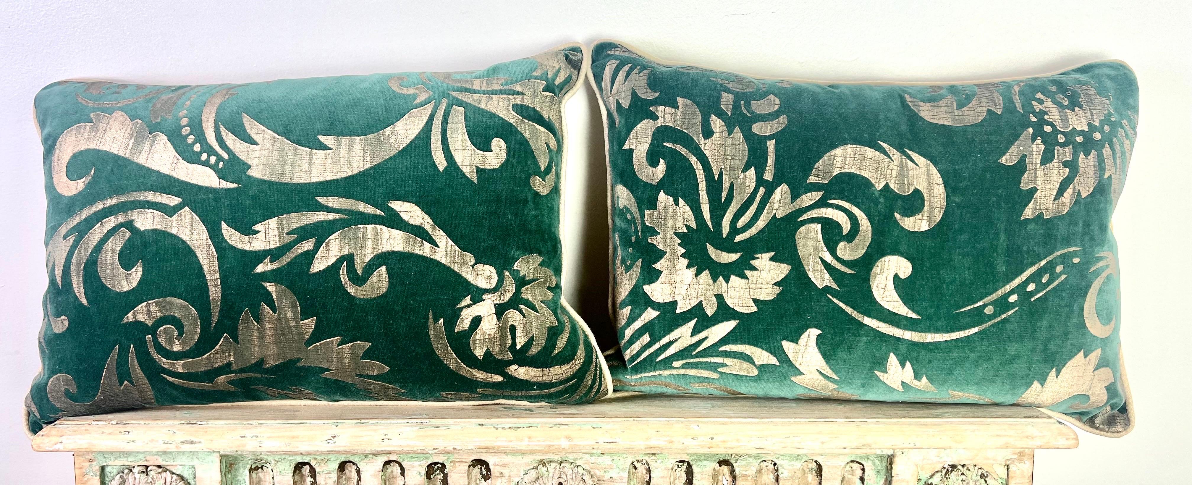 Pair of custom pillows made with NOMI textile stenciled velvet fronts and cream velvet backs.  Down inserts.