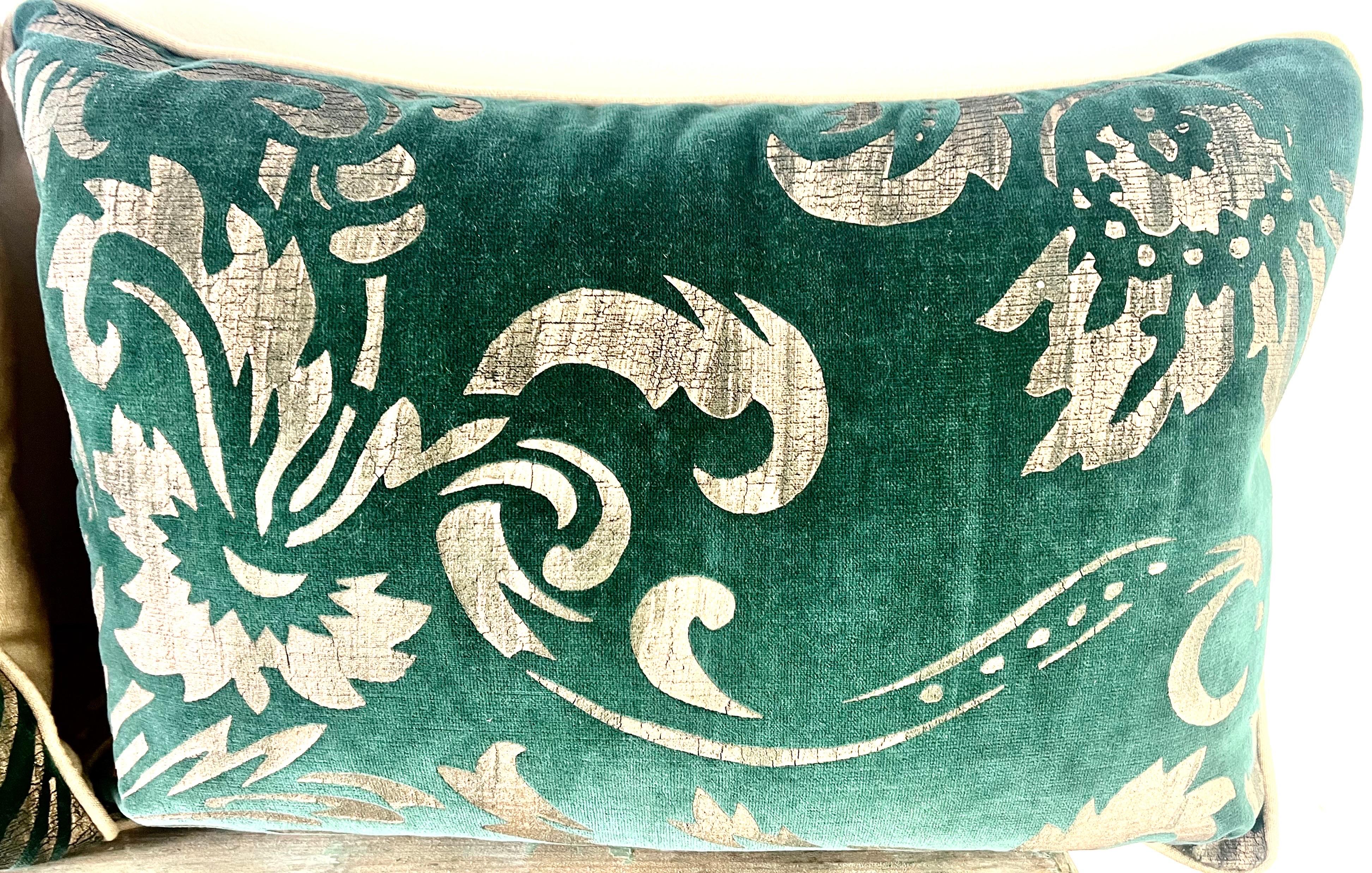 Baroque Pair of Green Velvet NOMI Pillow w/ Gold Stenciling For Sale