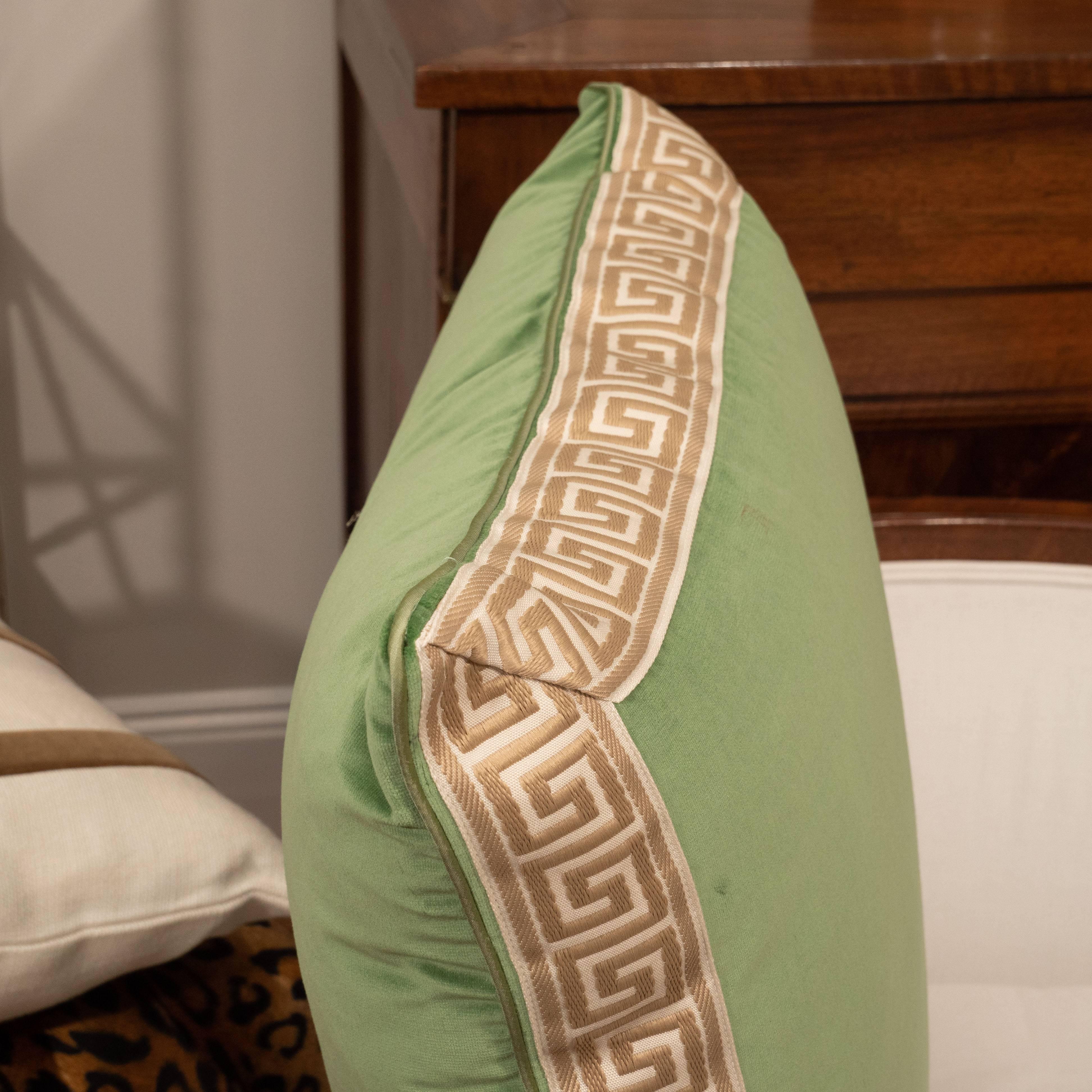 Contemporary Pair of Green Velvet Pillows with Greek Key