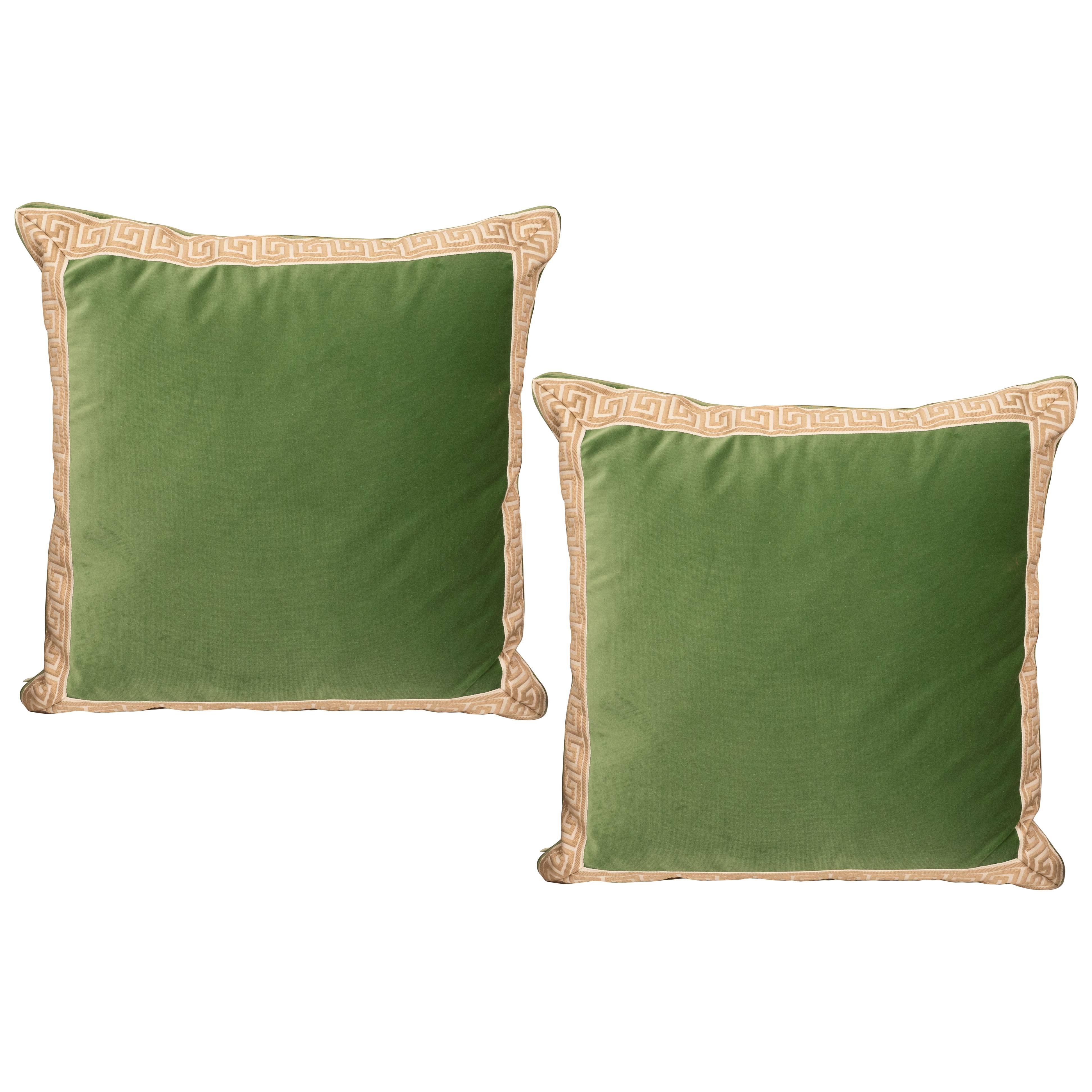 Pair of Green Velvet Pillows with Greek Key