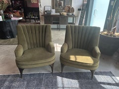 Pair of Green Velvet Tufted Arm Chairs