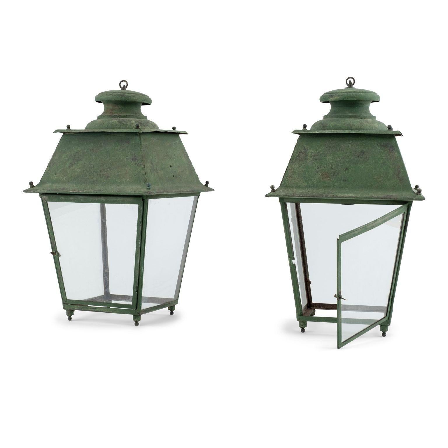 French Provincial Pair of Green-Verdigris Copper French Lanterns