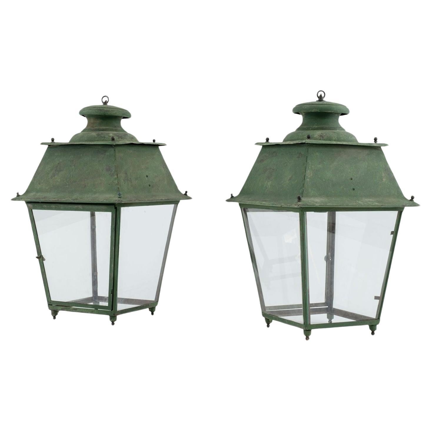 Pair of Green-Verdigris Copper French Lanterns