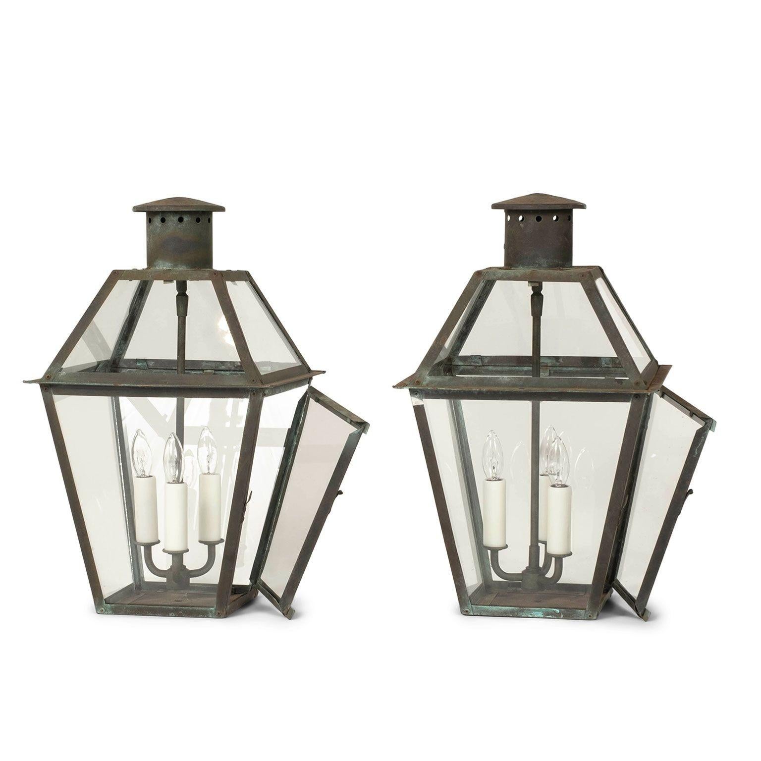 French Provincial Pair of Green Verdigris Copper Lanterns