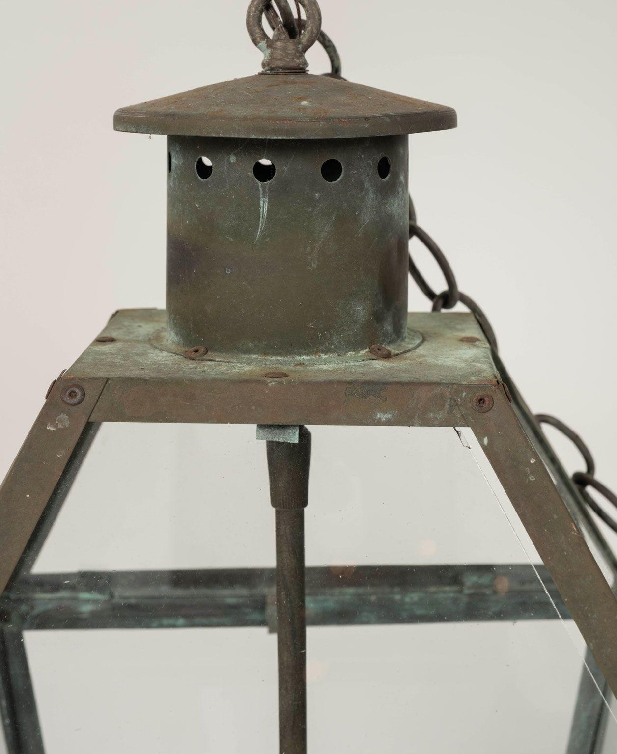 Brass Pair of Green Verdigris Copper Lanterns