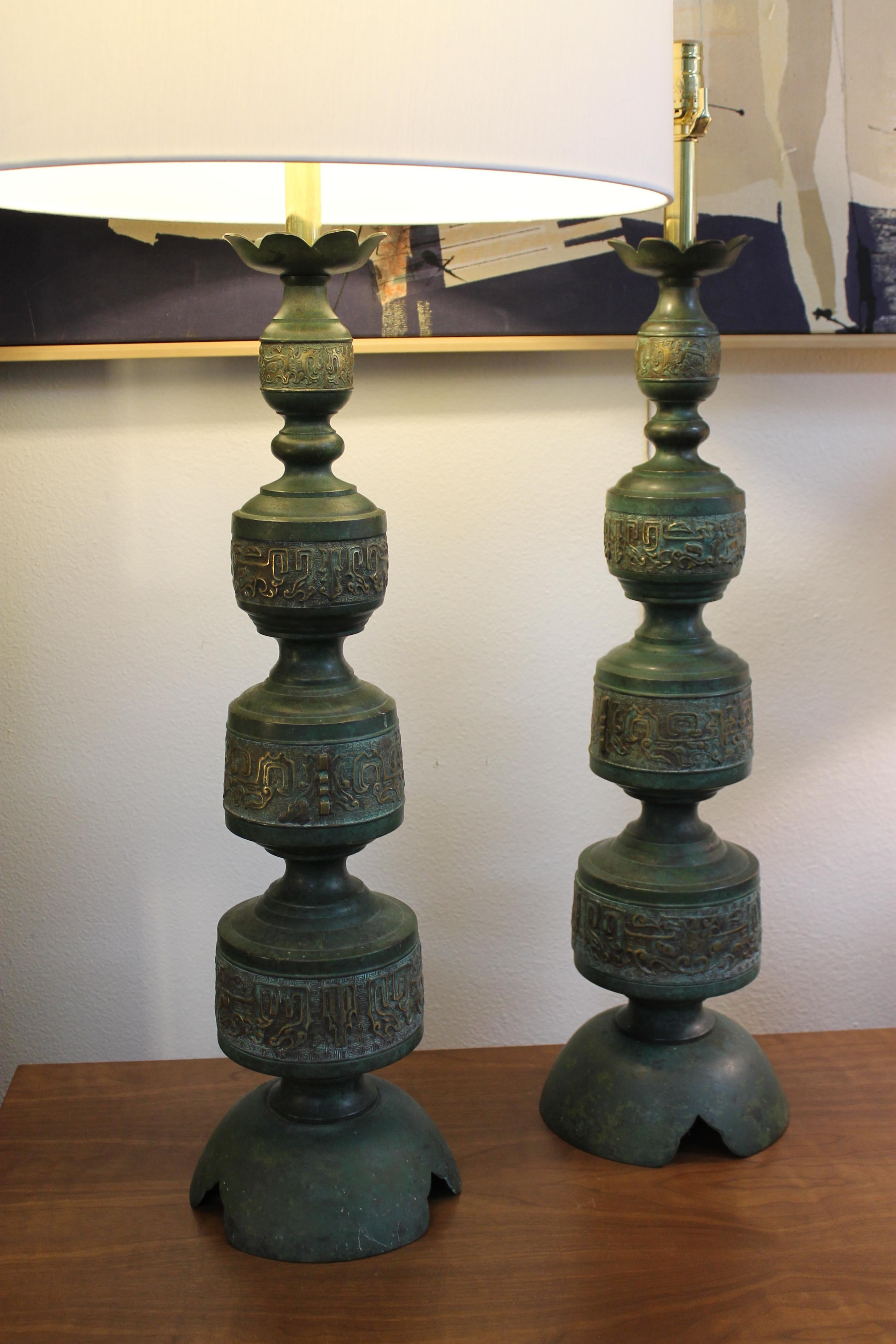 American Pair of Green Verdigris Lamps in the Style of Frederick Cooper