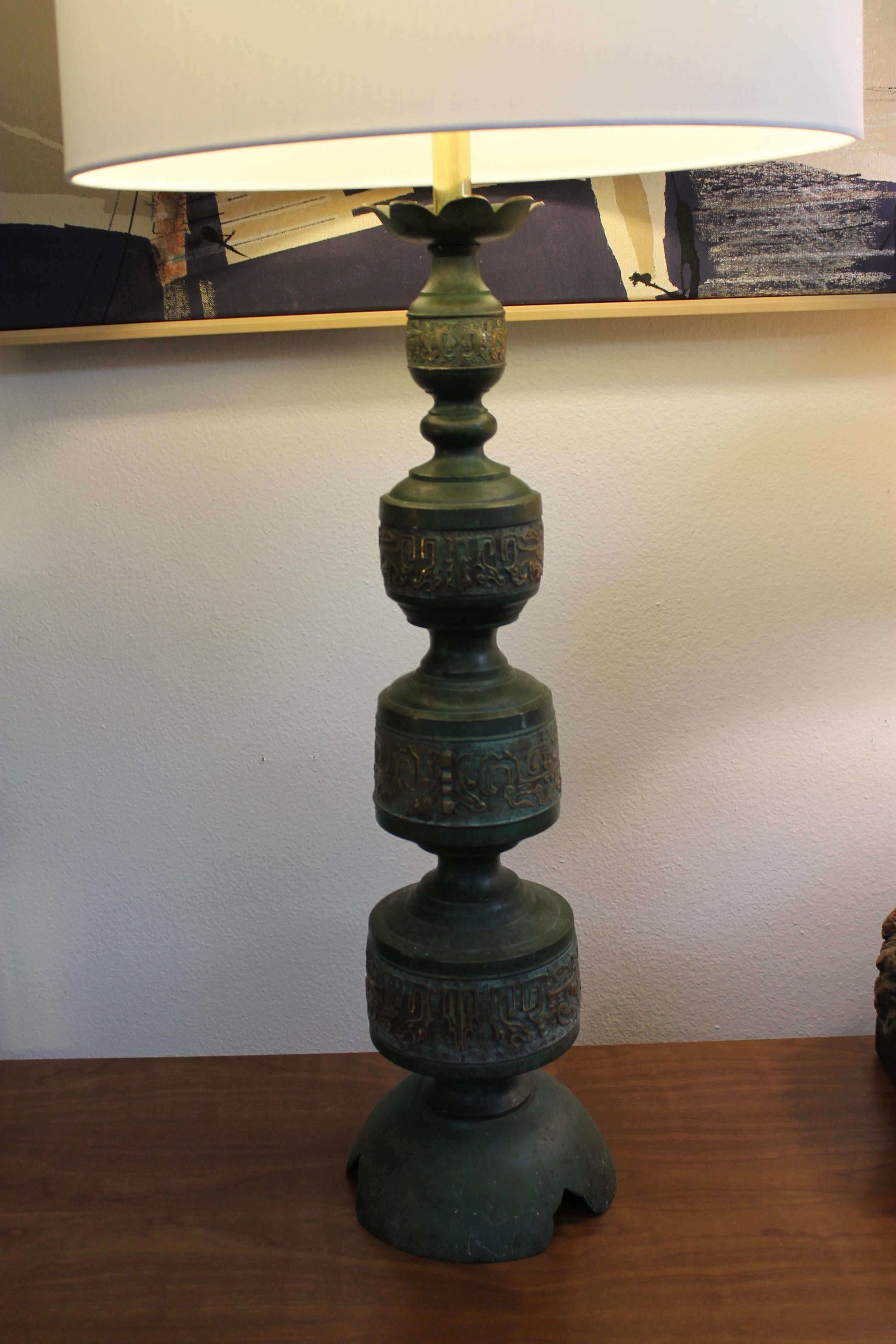 Pair of Green Verdigris Lamps in the Style of Frederick Cooper In Good Condition In Palm Springs, CA