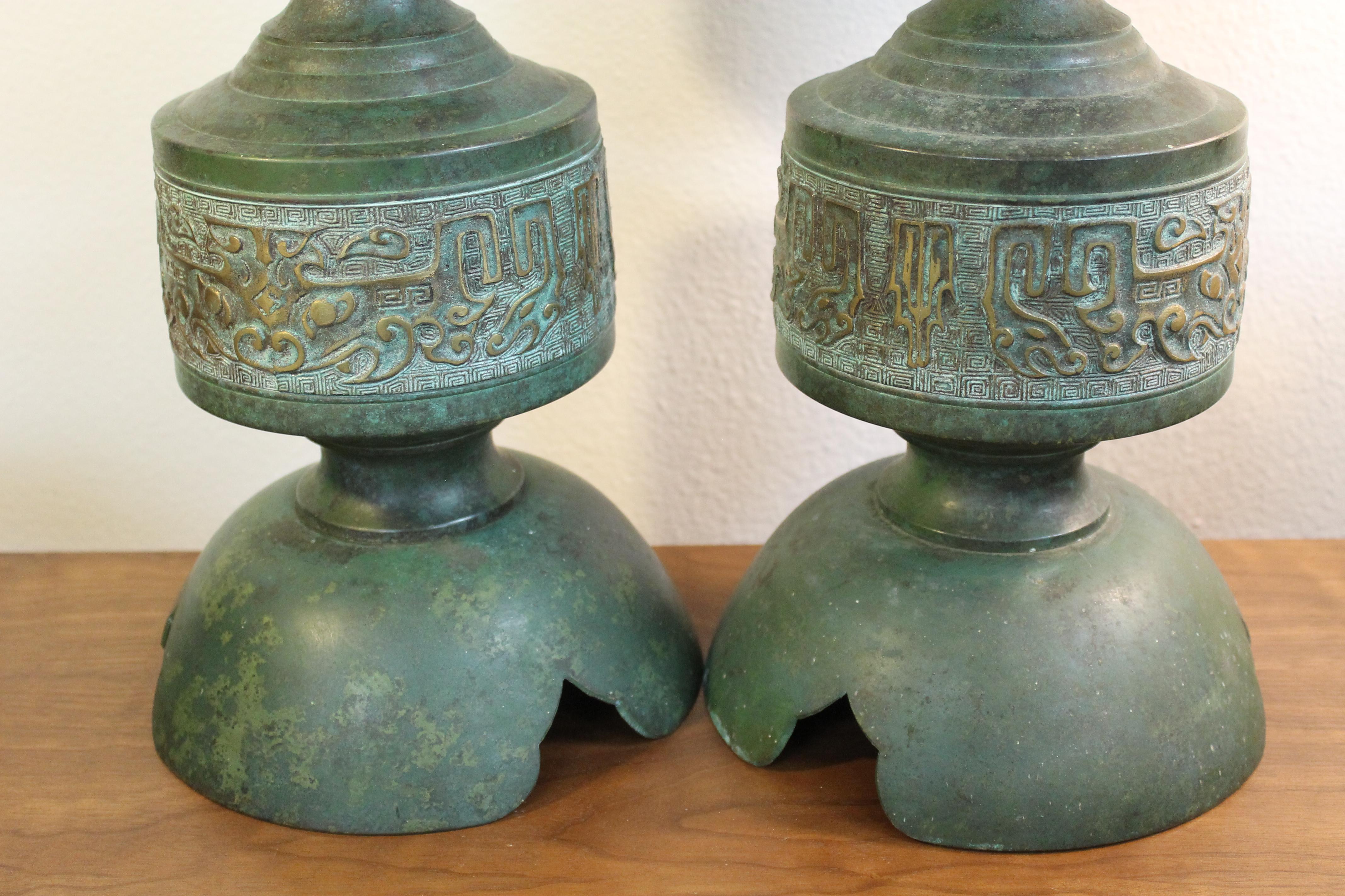 Pair of Green Verdigris Lamps in the Style of Frederick Cooper 2