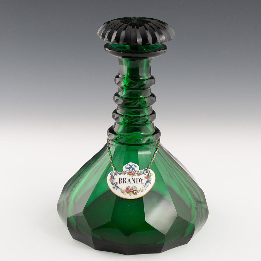 British Pair of Green Victorian Decanters with Labels c1850 For Sale