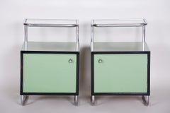 Pair of Green Vintage Bauhaus Bed Side Tables, Vichr, 1930s Glass Removable Desk