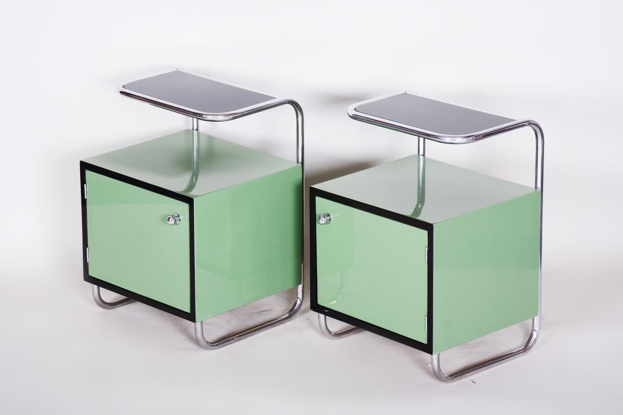 Pair of Green Vintage Bauhaus Bed Side Tables, Vichr, 1930s Glass Removable Desk 1