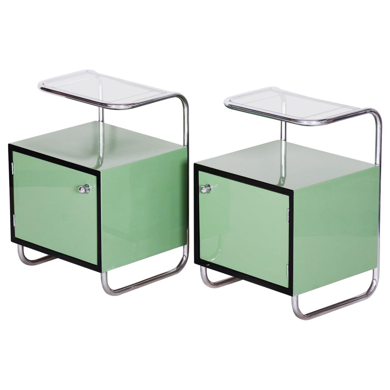 Pair of Green Vintage Bauhaus Bed Side Tables, Vichr, 1930s Glass Removable Desk