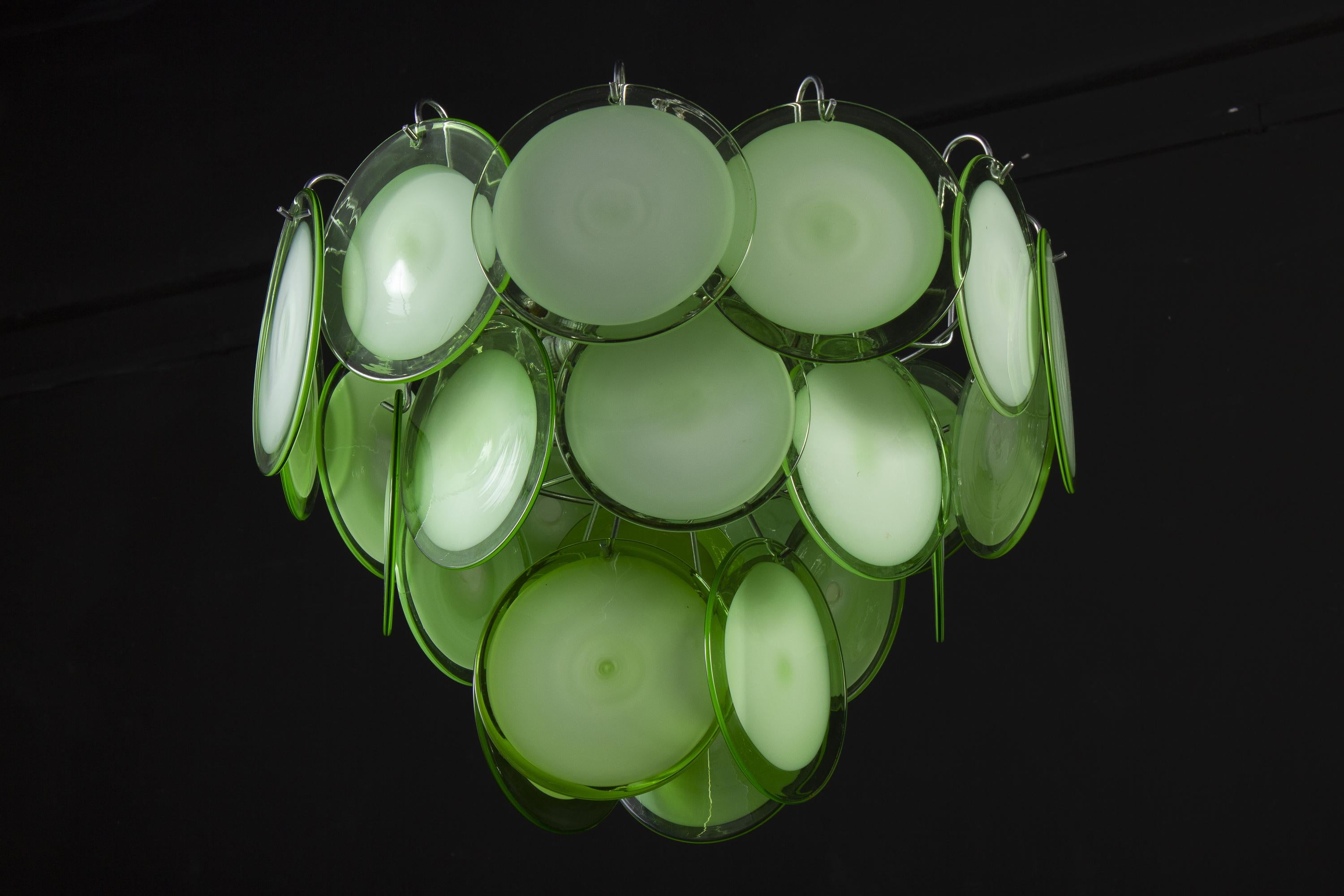 Pair of Green Vistosi Disc Murano Chandelier, 1970s In Excellent Condition In Rome, IT