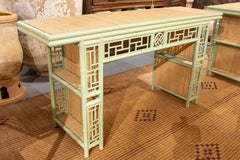 Pair of Green Wood Consoles Imitating Bamboo with Raffia Top