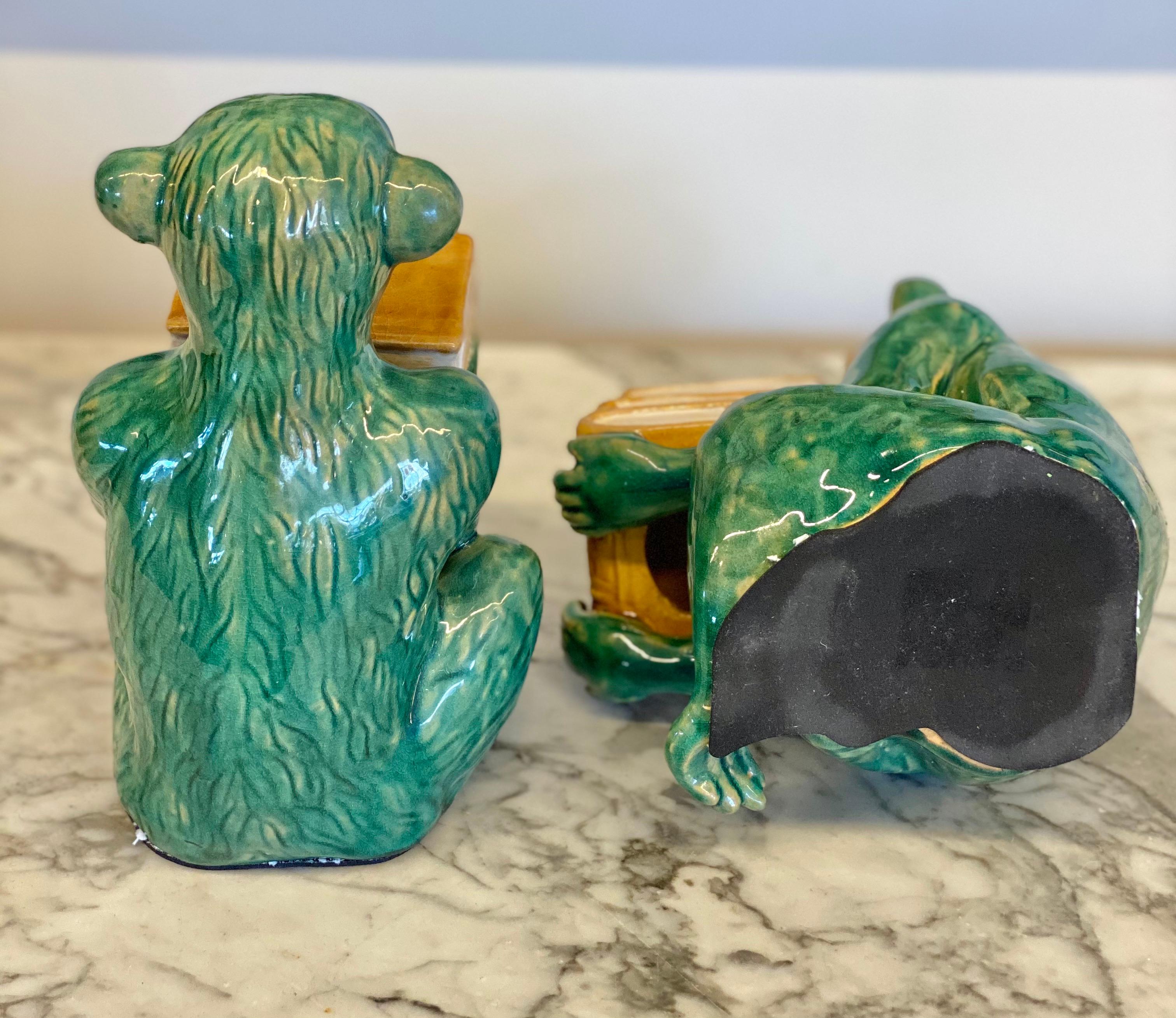 20th Century Pair of Green/Yellow Monkey Statues