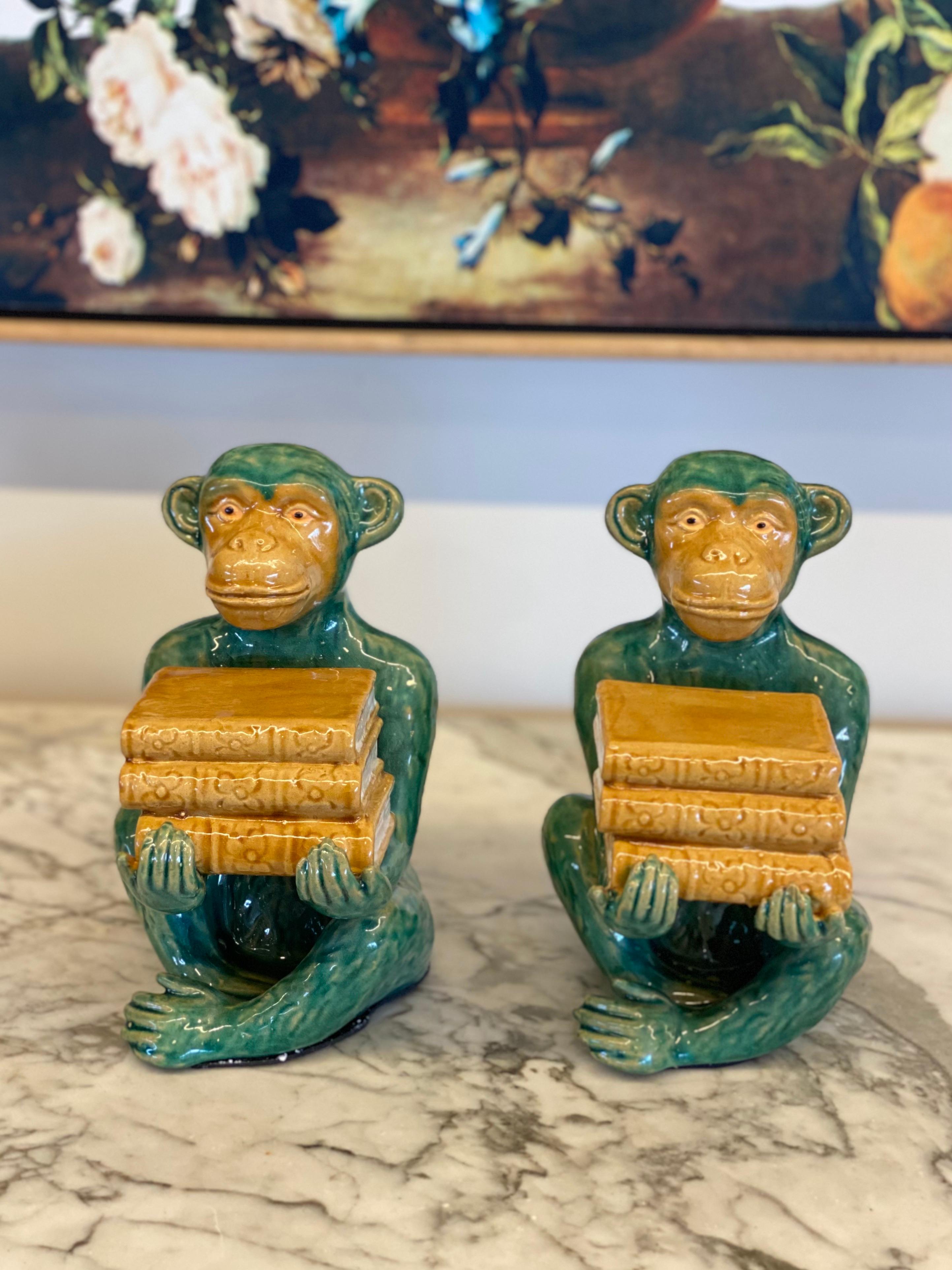 Ceramic Pair of Green/Yellow Monkey Statues