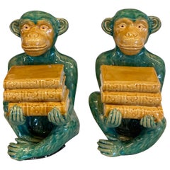 Vintage Pair of Green/Yellow Monkey Statues