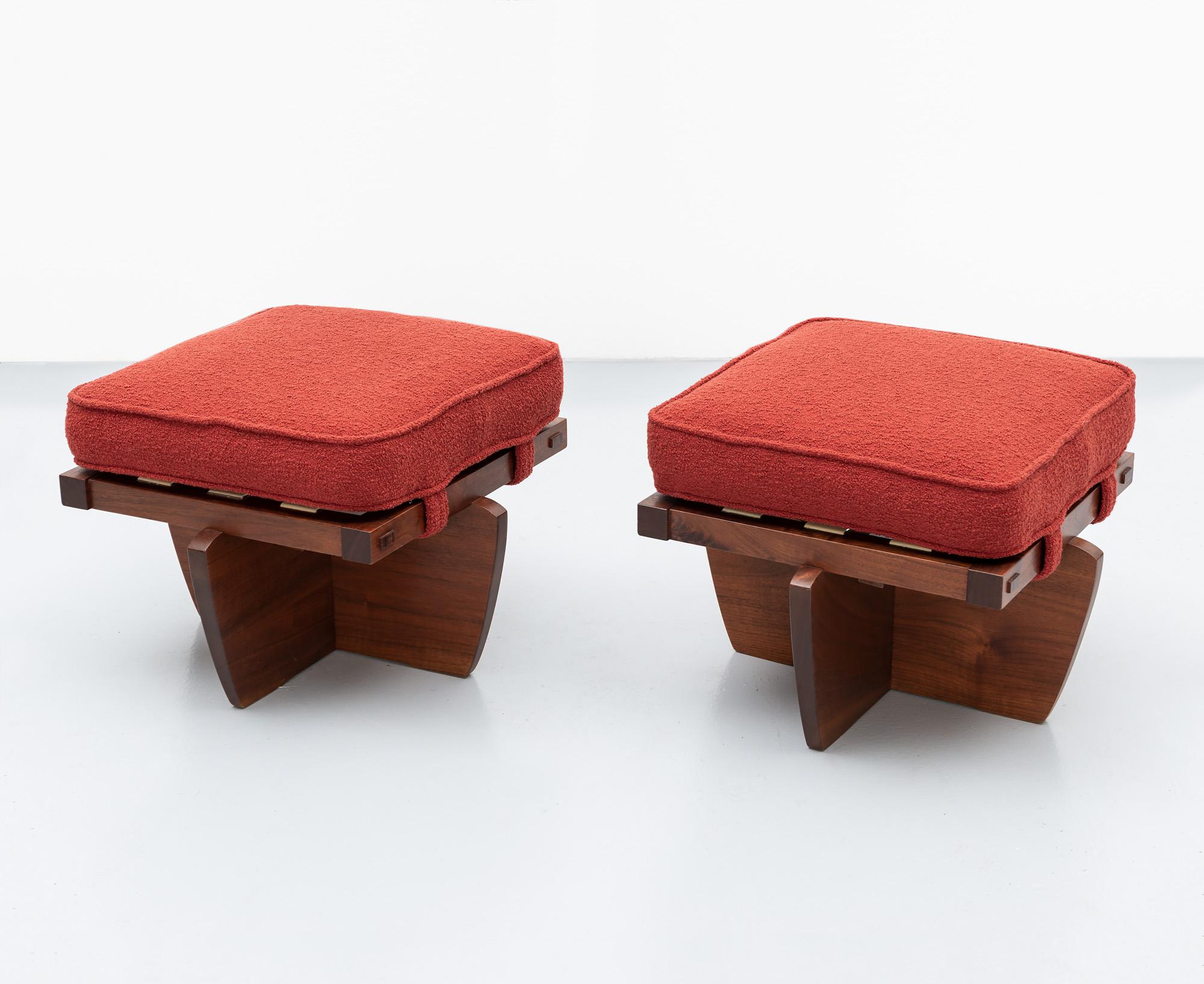 A rare pair of walnut Greenrock stools by George Nakashima in walnut with rosewood mortise and tenon joints. New cushions in place textiles wool bouclé in a gorgeous brick red. New Hope, PA, 1980s.