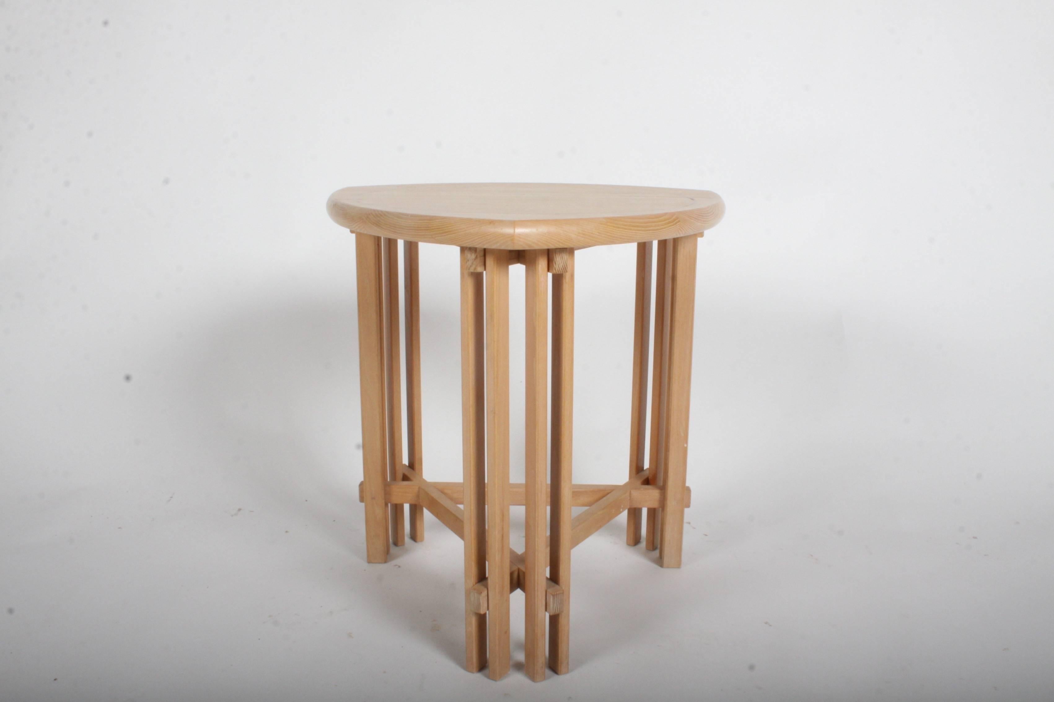 Pair of Gregg Lipton Prairie School style triangular side or end tables in ash with circular inlay. These tables were handcrafted by Gregg in his studio, signed and dated 1988. A Frank Lloyd Wright influenced design. Contemporary of Thomas Moser.