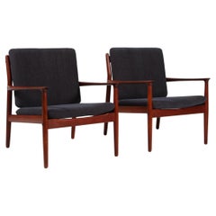 Pair of Grete Jalk Lounge Chairs with Frame of Teak, Textured Fabric