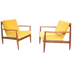 Pair of Grete Jalk Teak Chairs in Yellow Velvet, Denmark, 1956