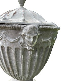19th Century English Classical Pair of Lead Garden Urns with Covers Grey