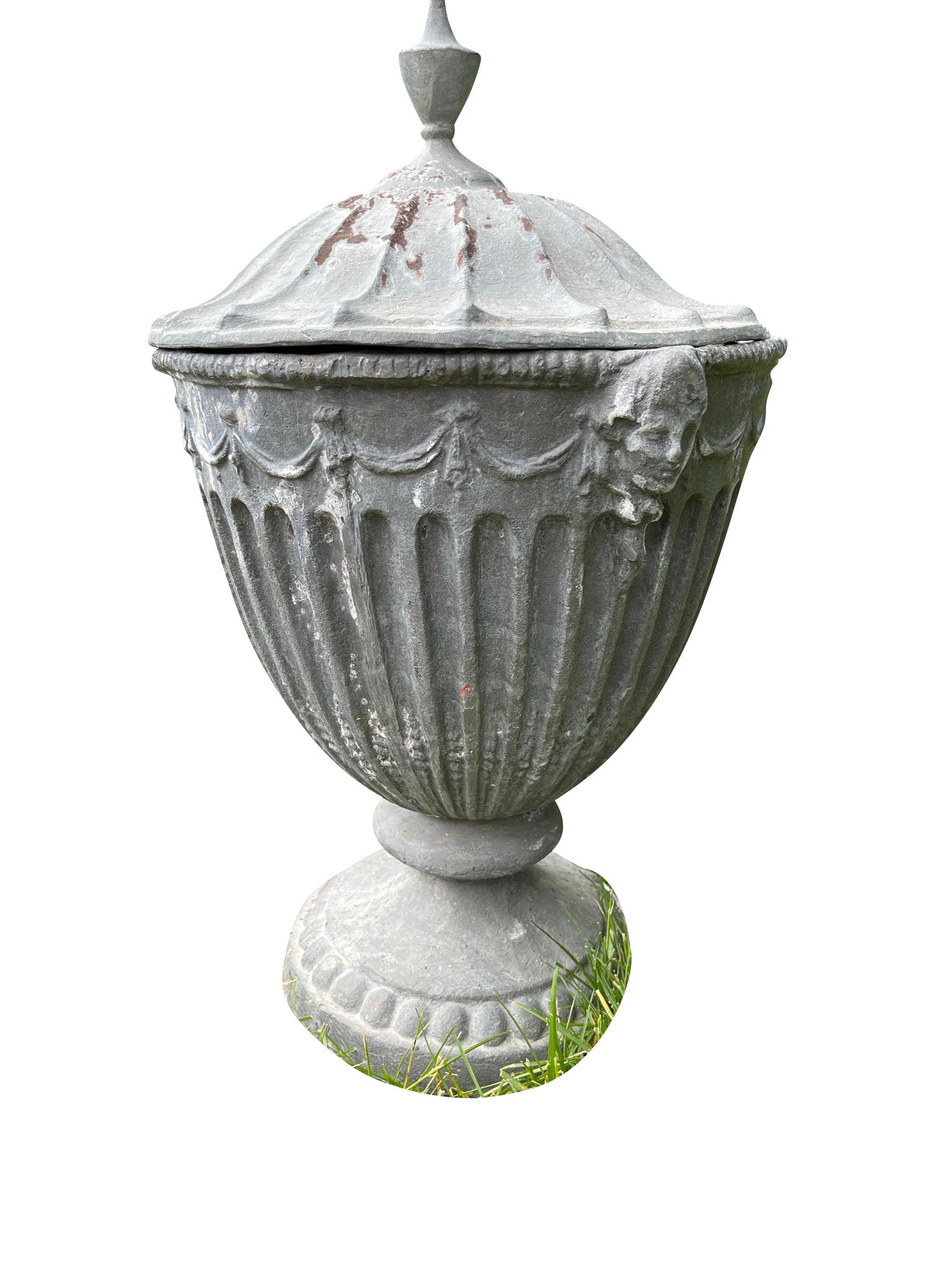 Regency 19th Century English Classical Pair of Lead Garden Urns with Covers Grey  For Sale